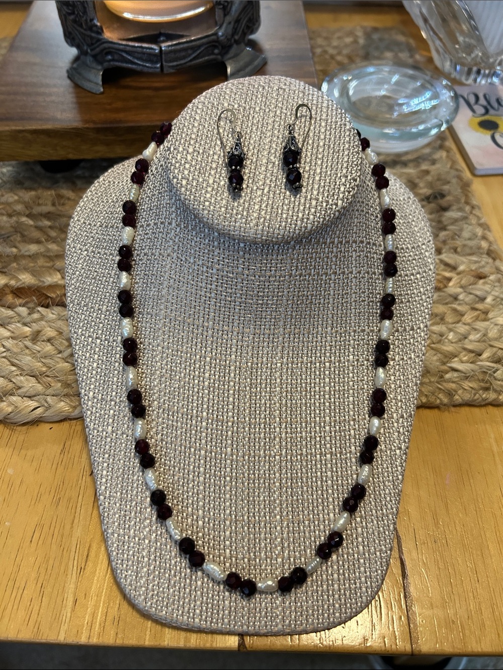 Handcrafted Garnet and Pearl Necklace with Matching Earrings